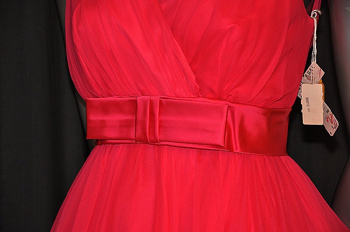1960's Dress / Vintage 60's Big Bow Bias Cut Chiffon Full Skirt Party Dress Never Worn