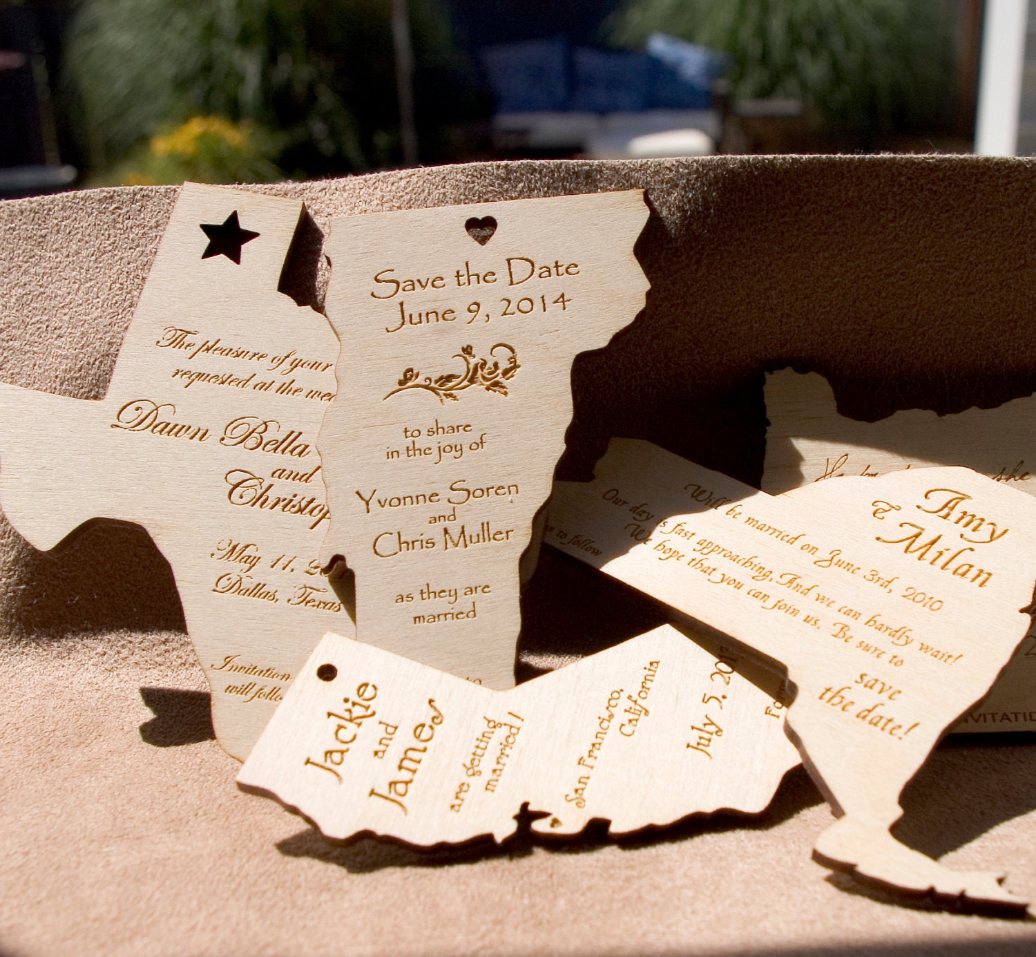 State shaped engraved wood save the date invitations