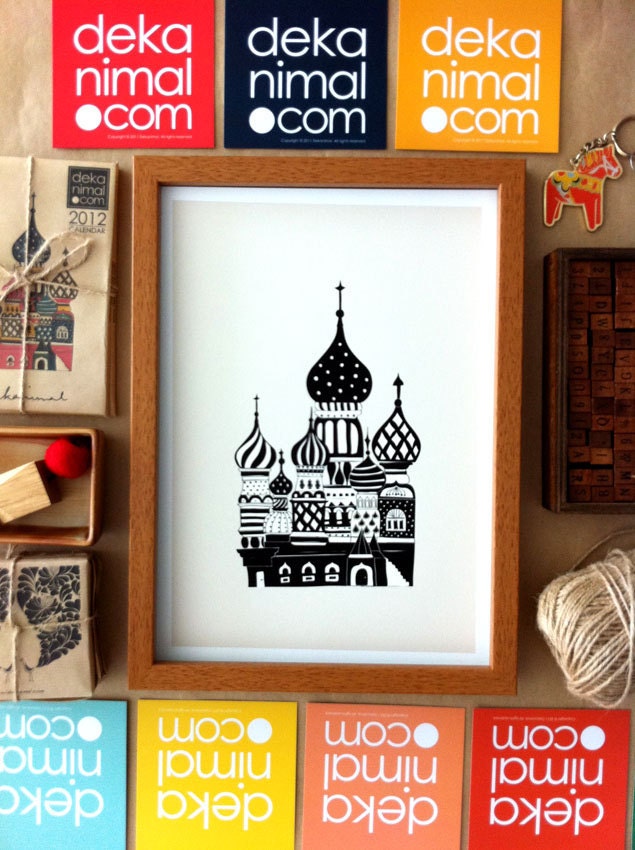 Lovely Onion Palace -  Black Beige - Travel Art Illustration Children Decor Kids Wall poster Wedding Birthday Anniversary GIft Home decor