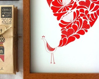 A Little Flower Peacock Print / Red Bird animal Illustration Flower Pattern Wedding idea Birthday Anniversary Gifts