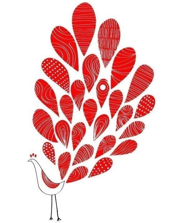 A Lovely Peacock Print Red Feather Bird Animal Illustration Modern Home and Garden Wedding Birthday Gift Idea Children Art