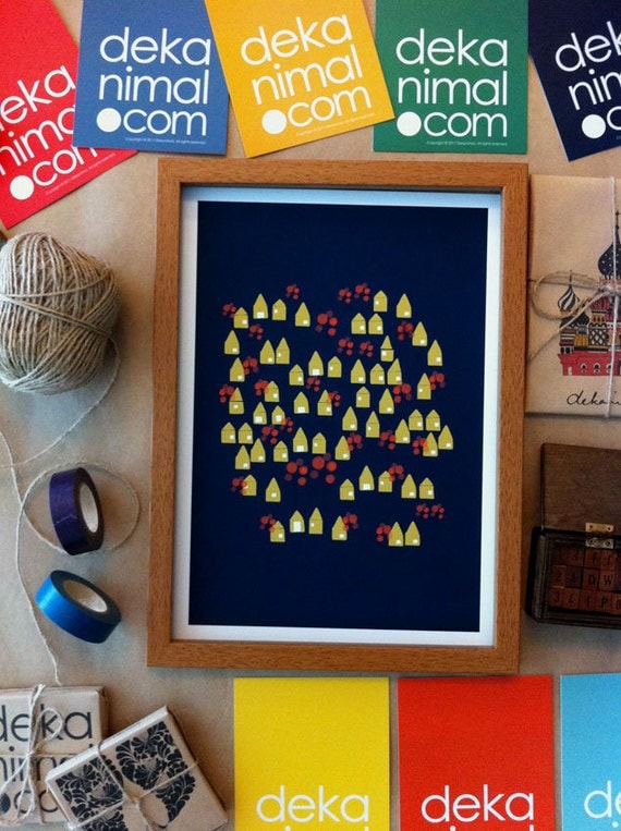 A little Lovely Town Print / Golden Yellow and Red Home and Garden Bedrrom art Modern Home Wedding gift Anniversary
