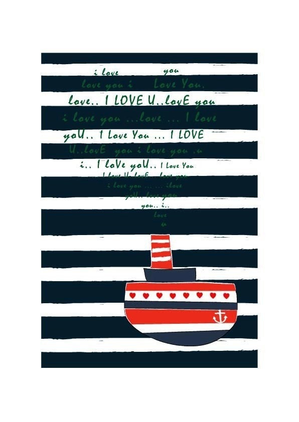A Love Letter Print / Submarine Dark Navy Red, Illustration Art Print Animal Children decor, Kids Room, Wedding Birthday Anniversary Gifts
