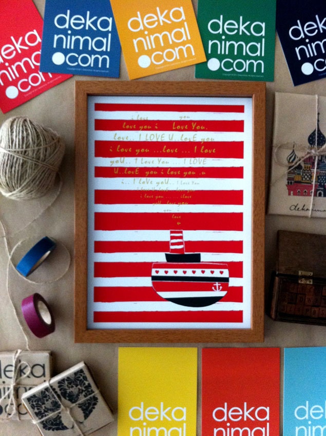 A Love Letter Print / Submarine Dark Navy Red, Illustration Art Print Animal Children decor, Kids Room, Wedding Birthday Anniversary Gifts