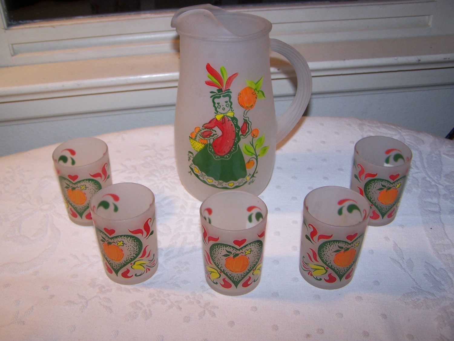 Vintage 1950s Mid Century Hazel Atlas Gay Fad Juice Set Pitcher and Glasses 6 Piece Set