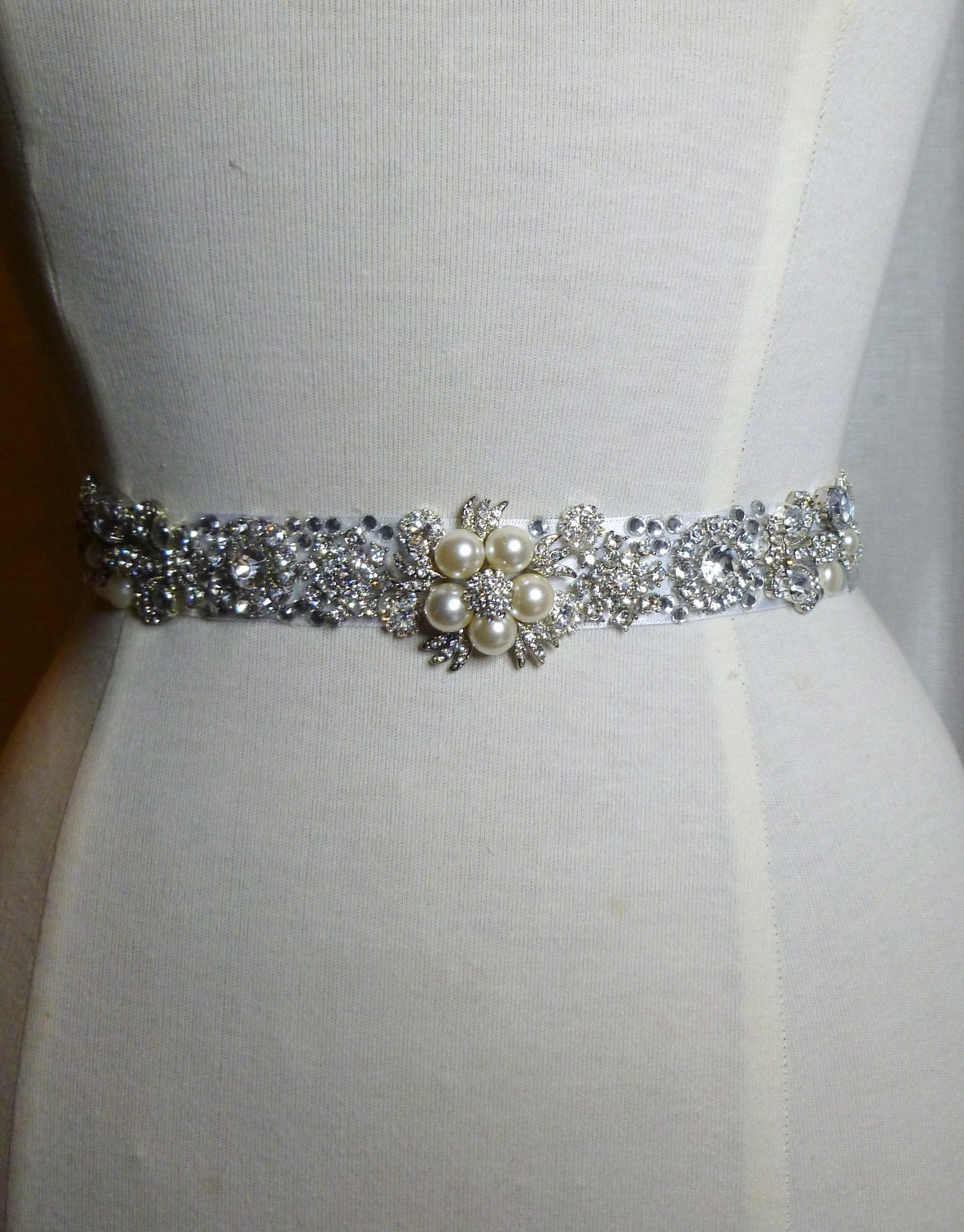 Cinderella Sash  ..  crystal, glass and pearl wedding sash