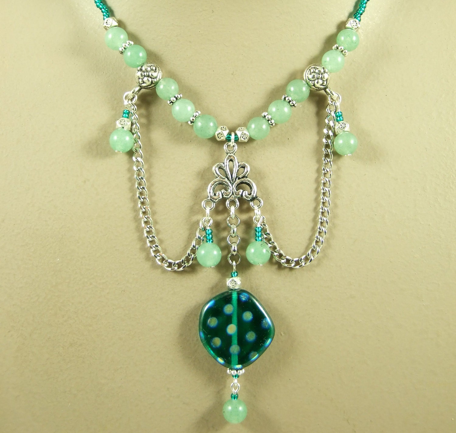 Green Gemstone Jewellery SET - Jade & Teal Ornate Swag Pendant Necklace and Earrings