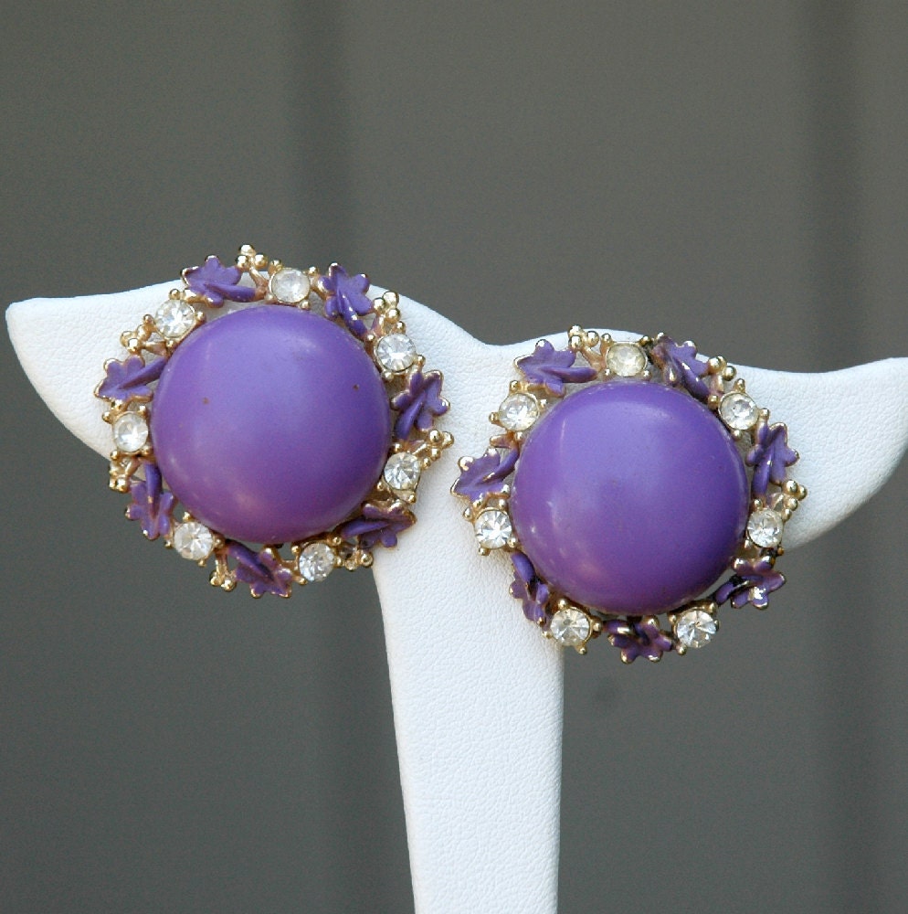 1950's Purple Plastic, Rhinestone and Enamel Vintage Earrings