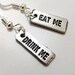 Earrings Alice In Wonderland Long Silver Tone Rectangle Texts Eat Me Drink Me Earrings Goth Earwires in Sterling Silver Plated French Style