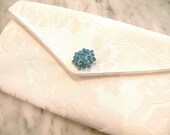 Envelope Clutch Evening Bag Purse Wedding Pale  Ivory Jacquard Satin Damask with Aqua Crystal Button-- Something Blue