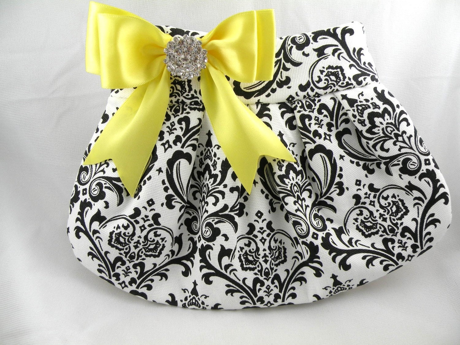 Pleated Clutch/Evening Bag/Purse/Wedding --Madison-Black and White with Daffodil Yellow Satin Bow and Crystal