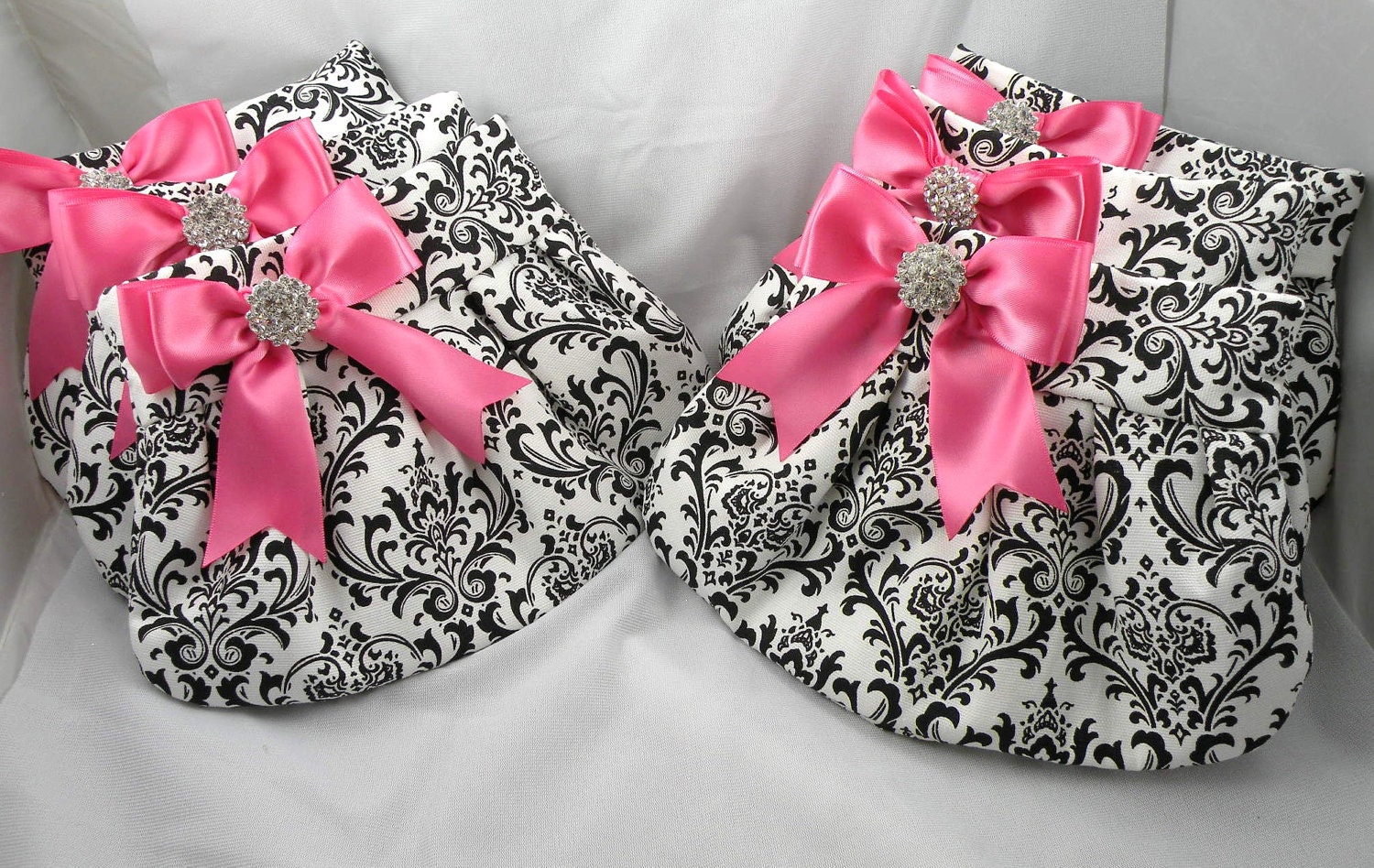 Bridal Pack 6 Purses Black and White MADISON DAMASK with Hot Pink Satin Bows and Clear Crystals or Pick Your Bow Color 10% DISCOUNT on Pack