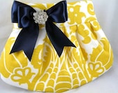 Pleated Clutch  Evening Bag  Purse  Wedding  Bridesmaid  AMSTERDAM  Corn Yellow and White with Navy Satin Bow and Crystal