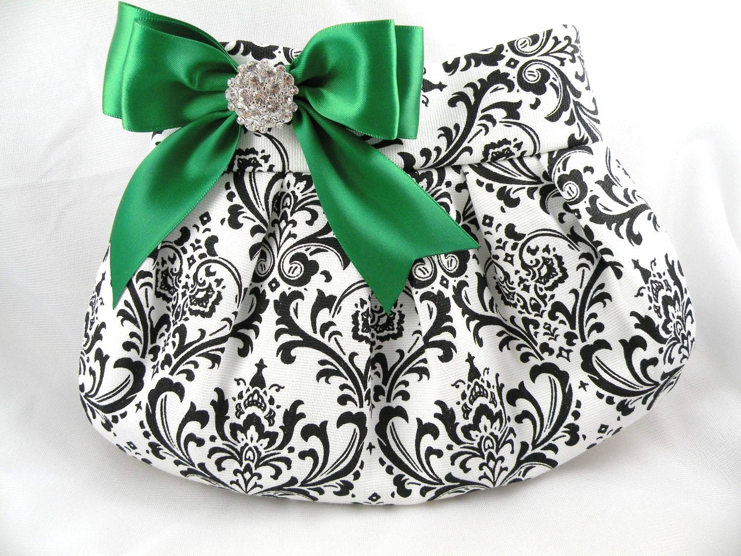 Pleated Clutch/Evening Bag/Purse/Wedding --Madison-Black and White with Emerald Green Satin Bow and Crystal
