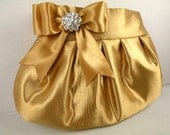 Pleated Clutch Evening Bag Purse Wedding ANTIQUE GOLD Satin with Antique Gold Satin Bow and Clear Crystal