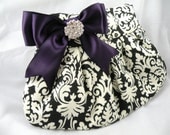 Pleated Clutch Evening Bag Purse Wedding TRADITIONAL DAMASK Black and Ivory with Eggplant-Deep Purple Satin Bow and Clear Crystal