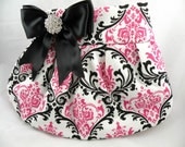 Pleated Clutch/Evening Bag/Purse/Wedding --MADISON Black-Hot Pink and White with Black Satin Bow and Crystal