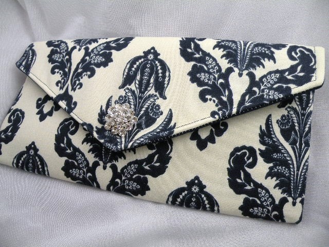 Weddings Bridesmaid Clutch Evening Bag Purse  Navy and Ivory AVERY Damask with Clear Crystal