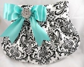 Weddings Bride Bridesmaid Pleated Clutch Evening Bag Purse  MADISON DAMASK Black and White with Tiffany Blue Satin Bow and Clear Crystal