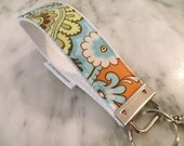Key Fob Key Chain Wristlet with Swivel Hook FRENCH WALLPAPER Orange and Aqua Damask