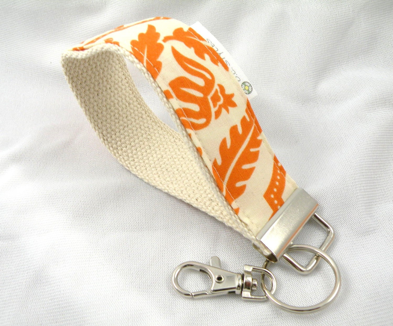 Orange and Cream DAMASK Key Chain Key Fob Wristlet with Swivel Hook
