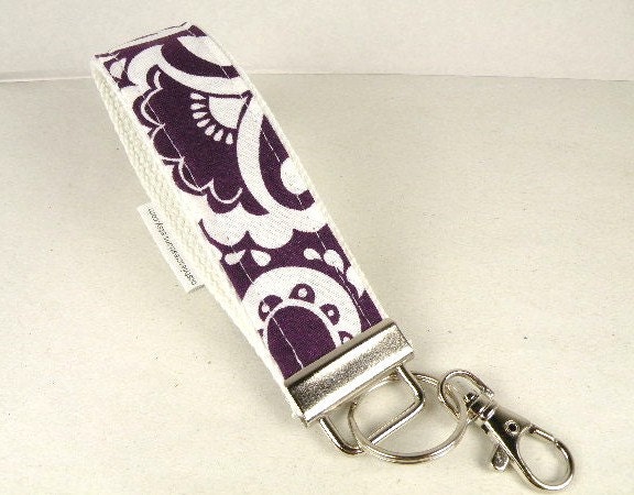Key Fob Key Chain/Wristlet-with Swivel Hook--PAISLEY in Deep Purple and White