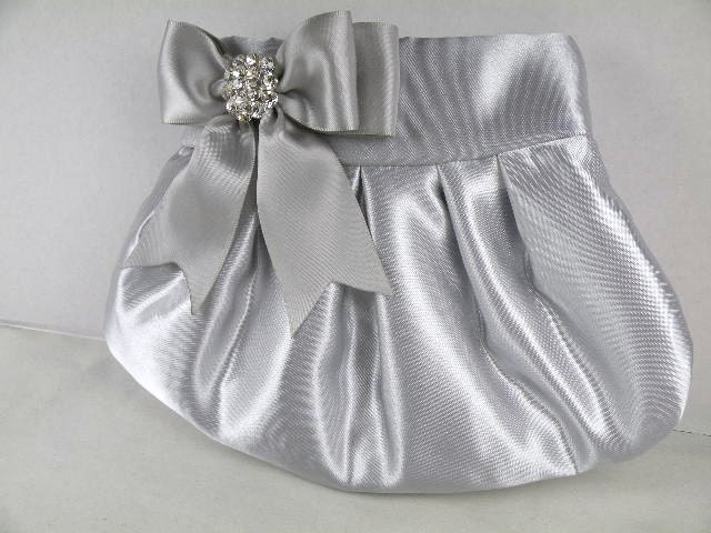 Pleated Clutch Evening Bag Purse Wedding SILVER Satin with Silver Satin Bow and Clear Crystal