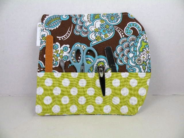 Manicure Kit--PAISLEY in Chocolate Brown, Lime, White & Aqua-Manicure Tools are INCLUDED