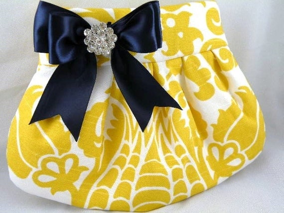 Pleated Clutch  Evening Bag  Purse  Wedding  Bridesmaid  AMSTERDAM  Corn Yellow and White with Navy Satin Bow and Crystal