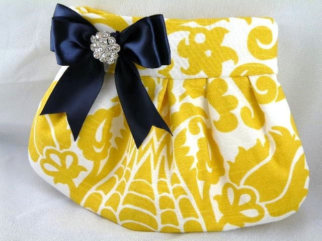 Pleated Clutch  Evening Bag  Purse  Wedding  Bridesmaid  AMSTERDAM  Corn Yellow and White with Navy Satin Bow and Crystal