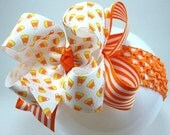 Double Layer Candy Corn Crazy Boutique Style Hairbow with orange crochet headband