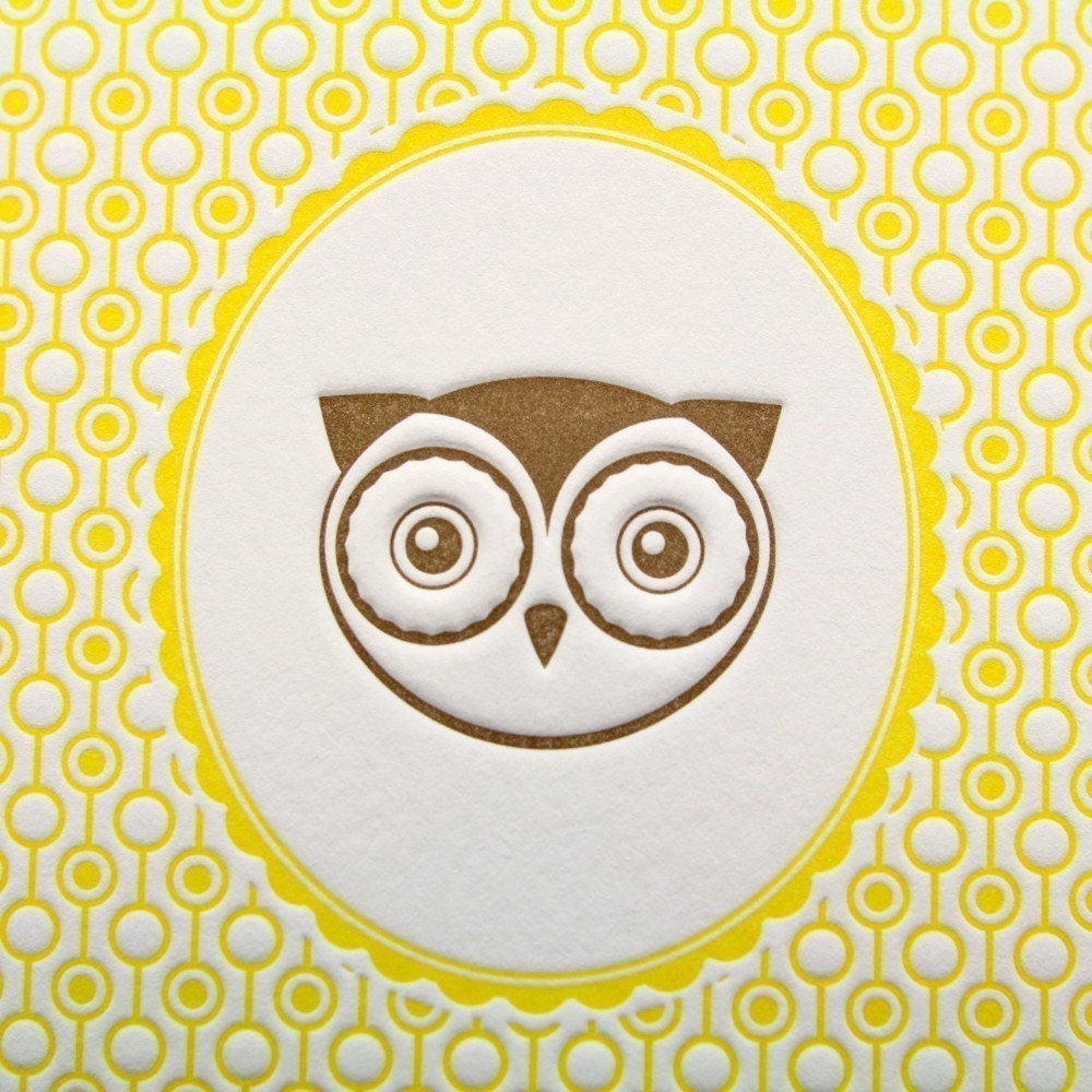 Letterpress Print Owl Portrait 5 by 7 Inch Brown/Yellow