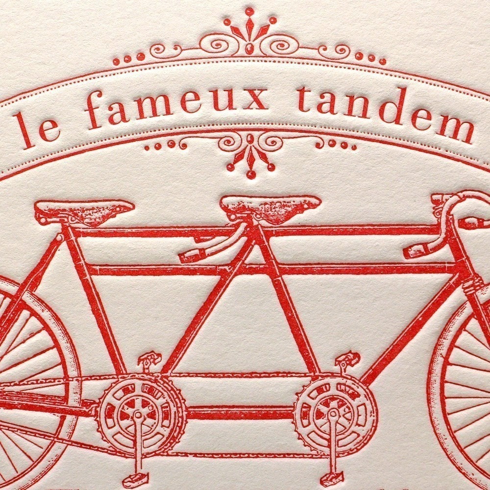 Letterpress card Bicycle Tandem Bike Built for Two in Red