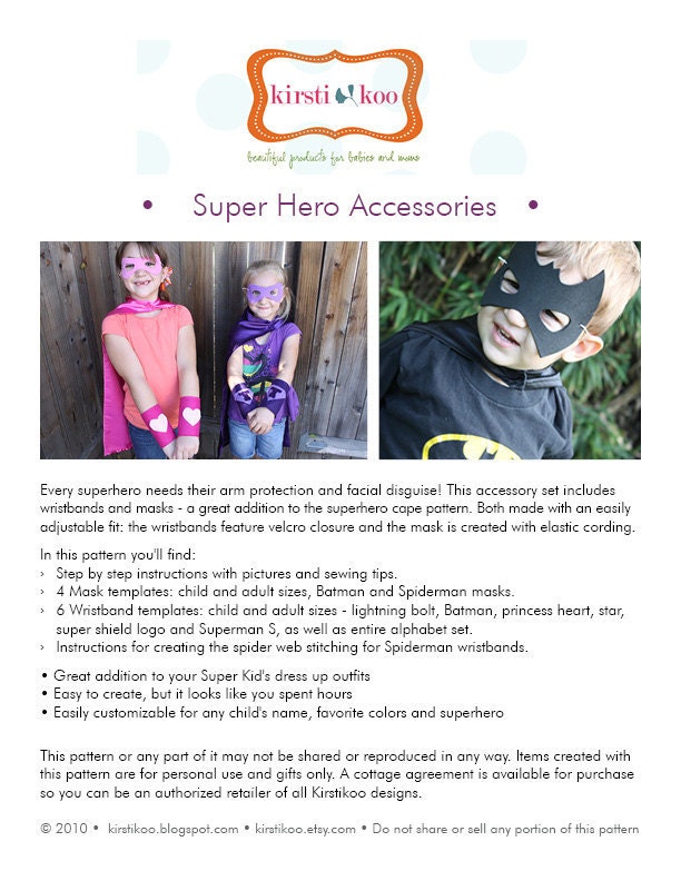 Super Hero Accessory Set PDF Pattern- Wristbands and Mask