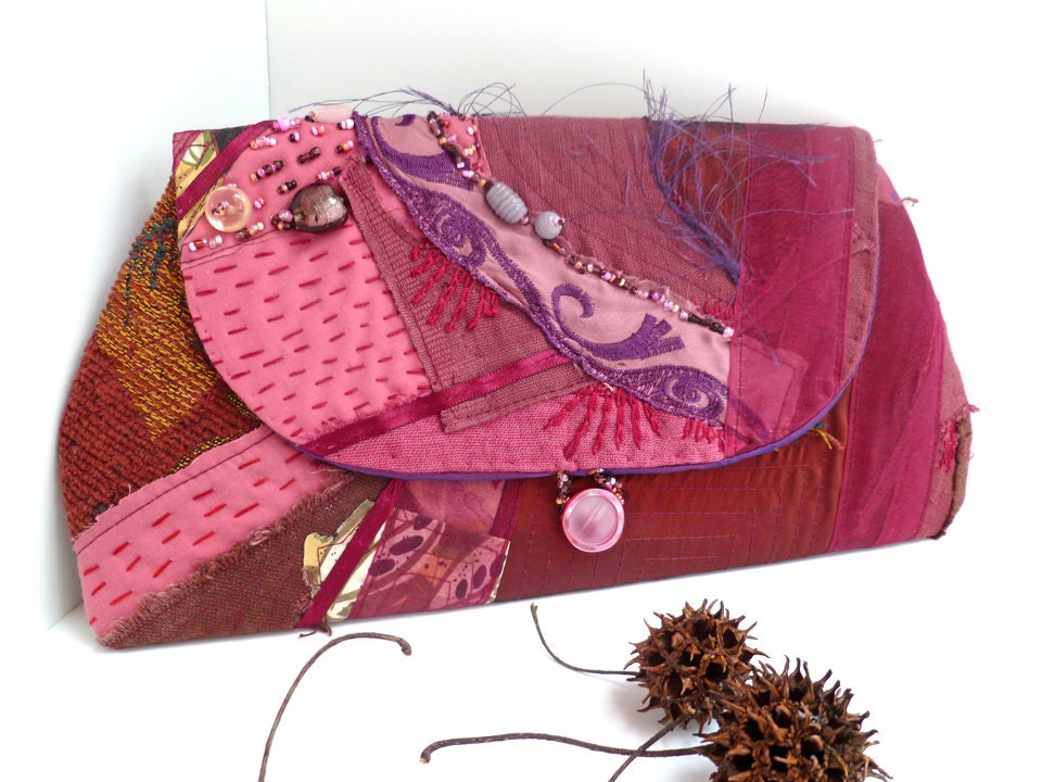 Crazy burgundy, unique fiber art purple fabric collage clutch