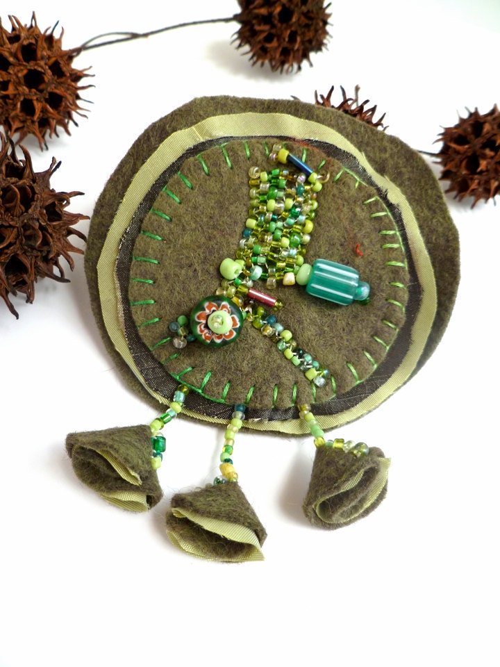 SALE Green flower, wearable fiber art green bead embroidery pin