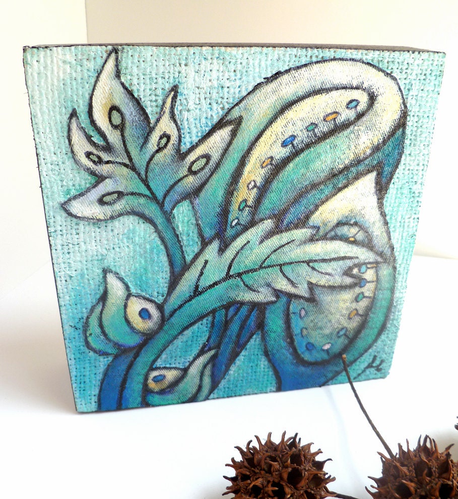 SALE Flower fantasy III, unique mixed media original blue art fiber collage