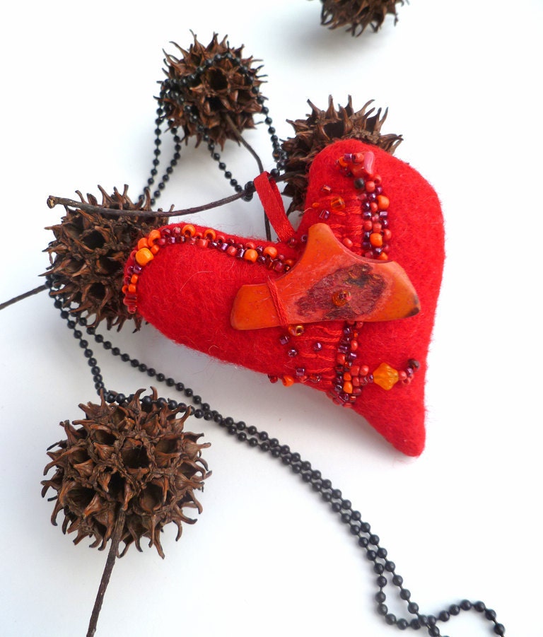 Valentine, fiber wearable art necklace, felted heart pendant