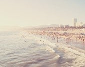 photography, beach photograph, Sunny California, crowded summer pastel blue west coast vacation Santa Monica seaside fine art print