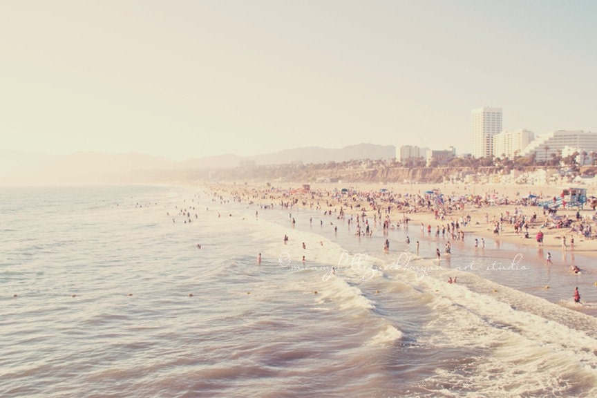 photography, beach photograph, Sunny California, crowded summer pastel blue west coast vacation Santa Monica seaside fine art print