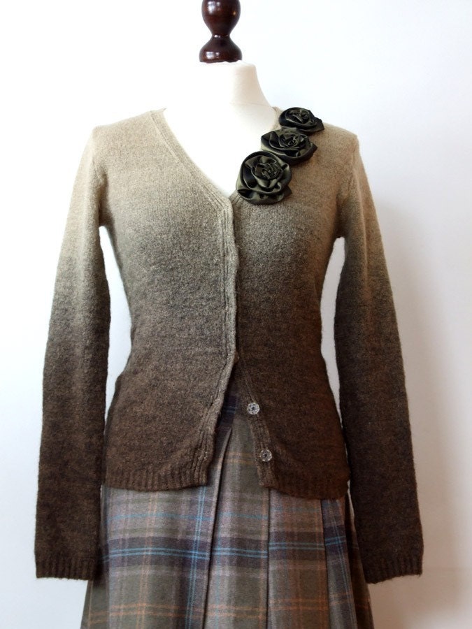 SALE Shaded khaki Cardigan and three roses, ombre cardigan, 25% off WINTER SALE, boho cardigan