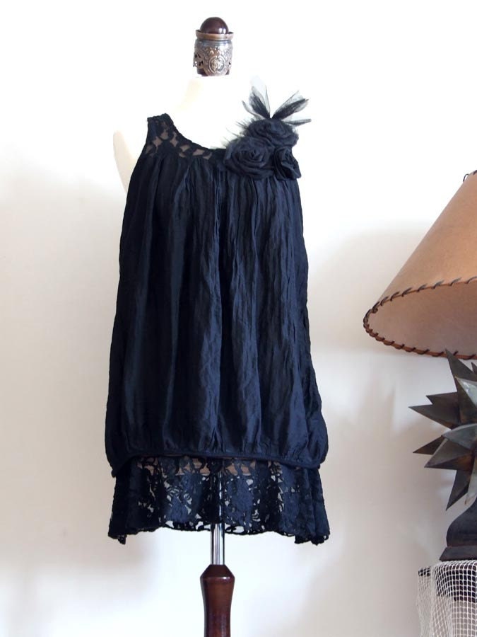 Avant garde romantic deep black TUNIC with lace yoke tulle and silk roses