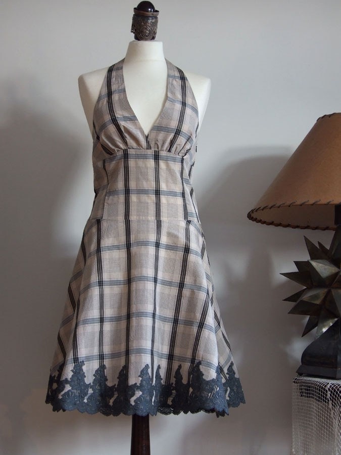 Coffee beige with greys plaid taffeta HALTER DRESS frosted with graphite grey beaded lace