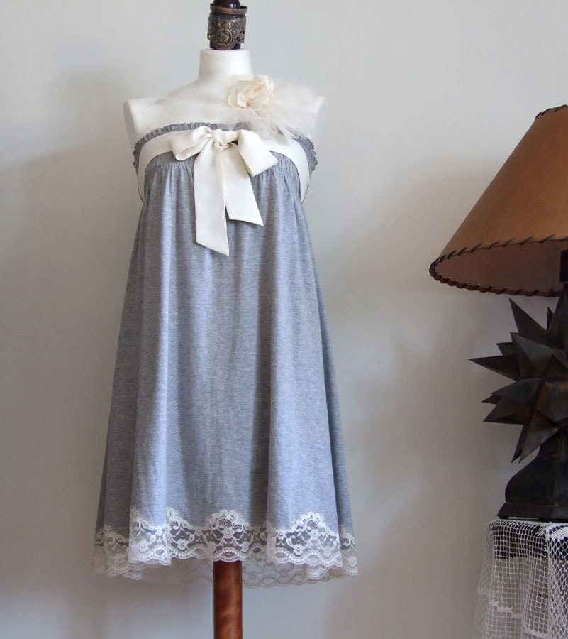 Convertible dress and skirt modern romantic gray grey cotton jersey and cream lace and sash, woman teens summer fashion