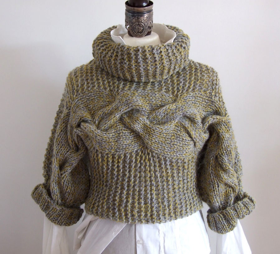 BRAIDED SHRUG in lime citron with grey / hand knitted cropped sweater / modern urban shrug / gift under 100 dollars