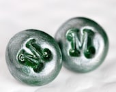 Personalized Earrings Custom Initial Post in Emerald Green Shimmer Metallic Polymer Clay. Great Gifts for Bridesmaids.