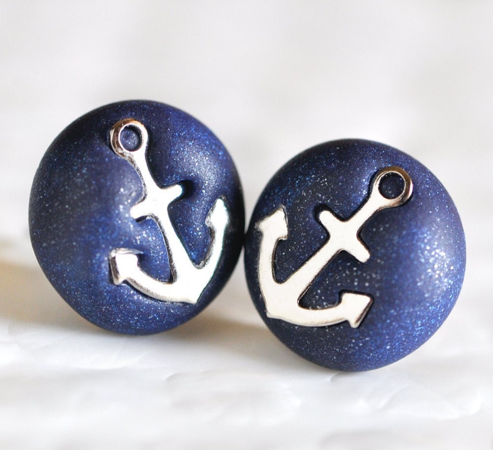 Anchors Away Earrings Nautical Summer Fashion Accessories in Shimmering Navy Blue Polymer Clay
