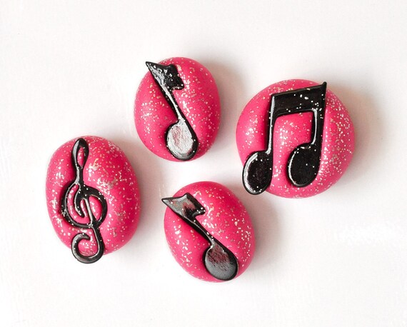 Music Note Magnets Gift Set of 4 Silver Speckled Black Music Symbols in Hot Pink Polymer Clay Great for Teens and Music Lovers