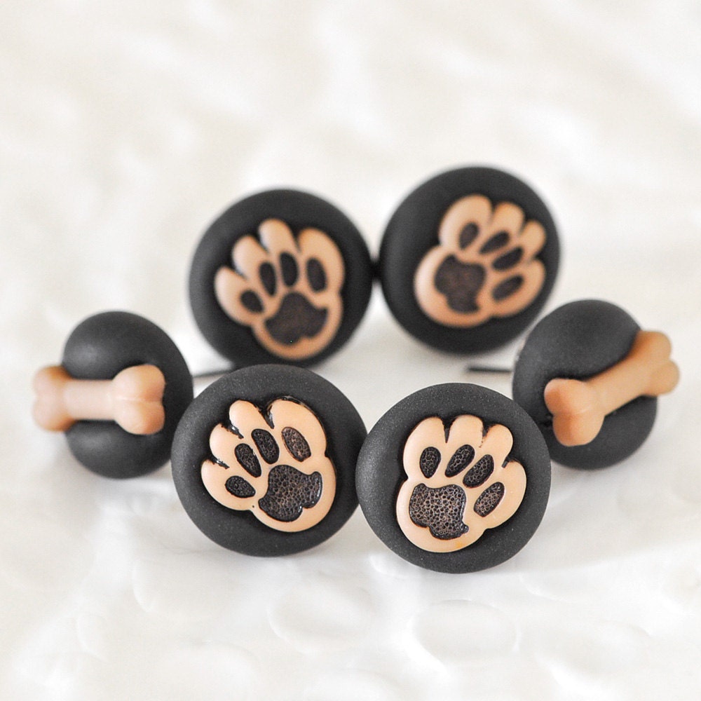Puppy Paws Pushpins with Mini Dog Bones in Black Polymer Clay Animal Lover Gift Set for Back to School