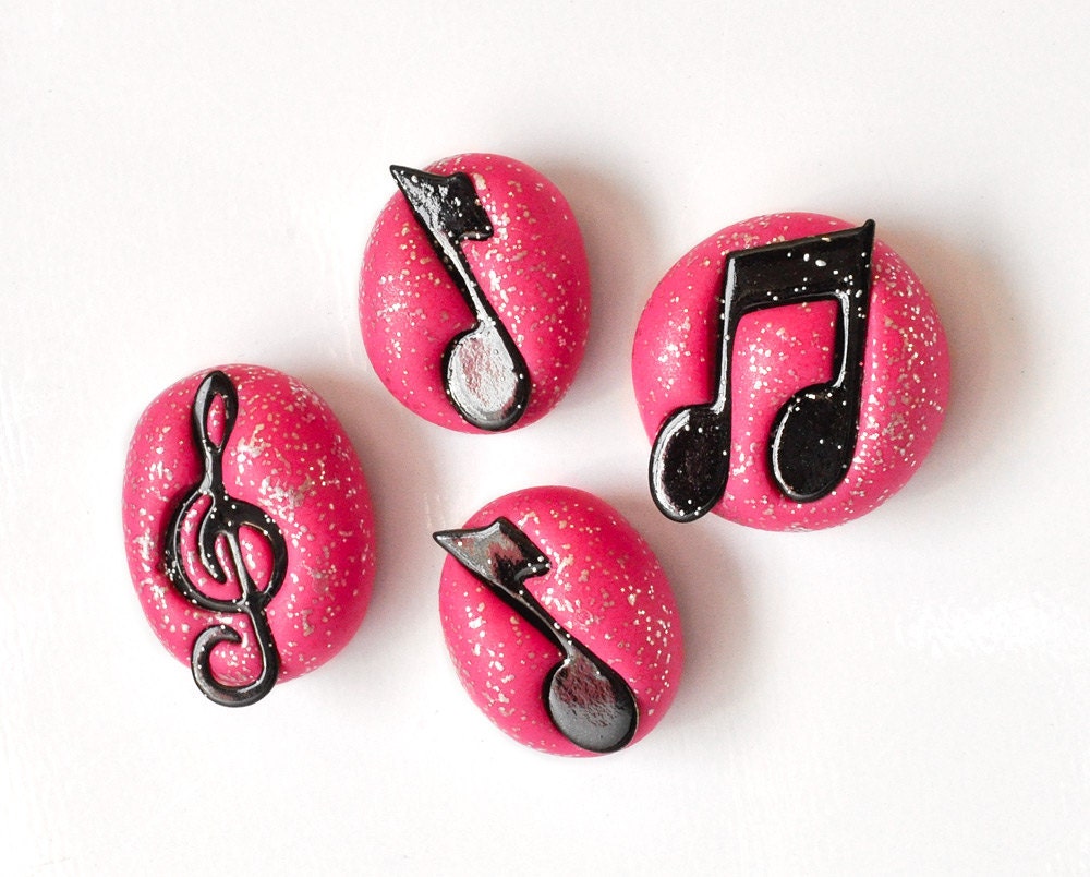 Music Note Magnets Gift Set of 4 Silver Speckled Black Music Symbols in Hot Pink Polymer Clay Great for Teens and Music Lovers